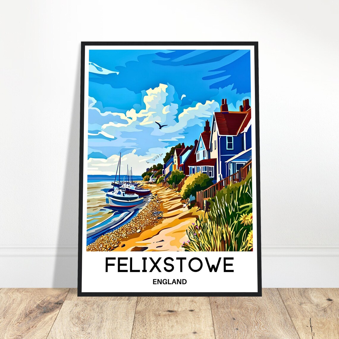 Felixstowe England Seaside Beach Huts Travel Illustration Poster