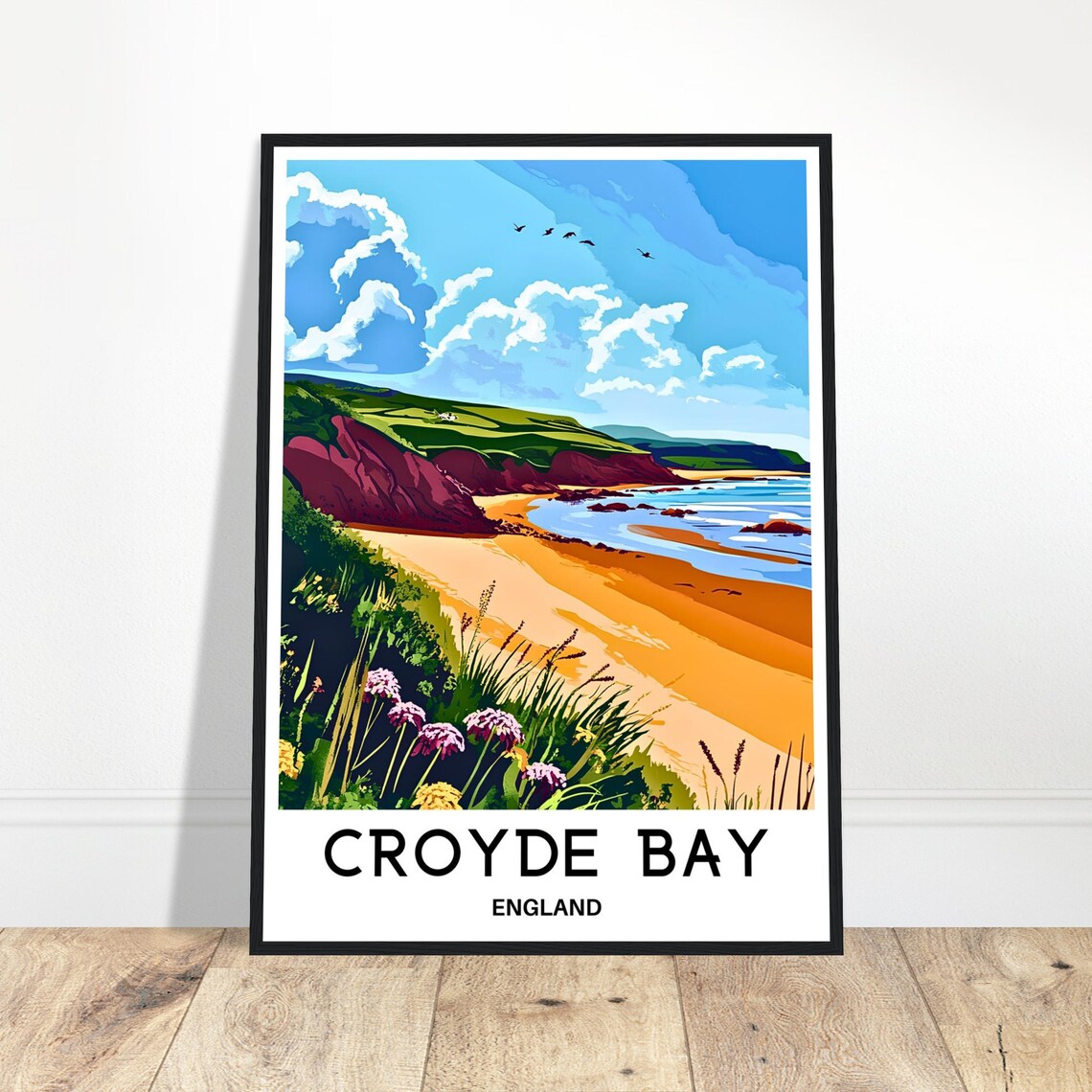 Croyde Bay England Golden Sand and Red Cliffs Beach Travel Poster