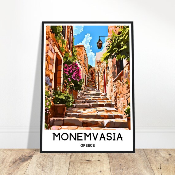 Monemvasia Travel Print Poster Greek Art Greece Lover Gift Hanging Wall Home Office Desk Room Decor Town Illustration