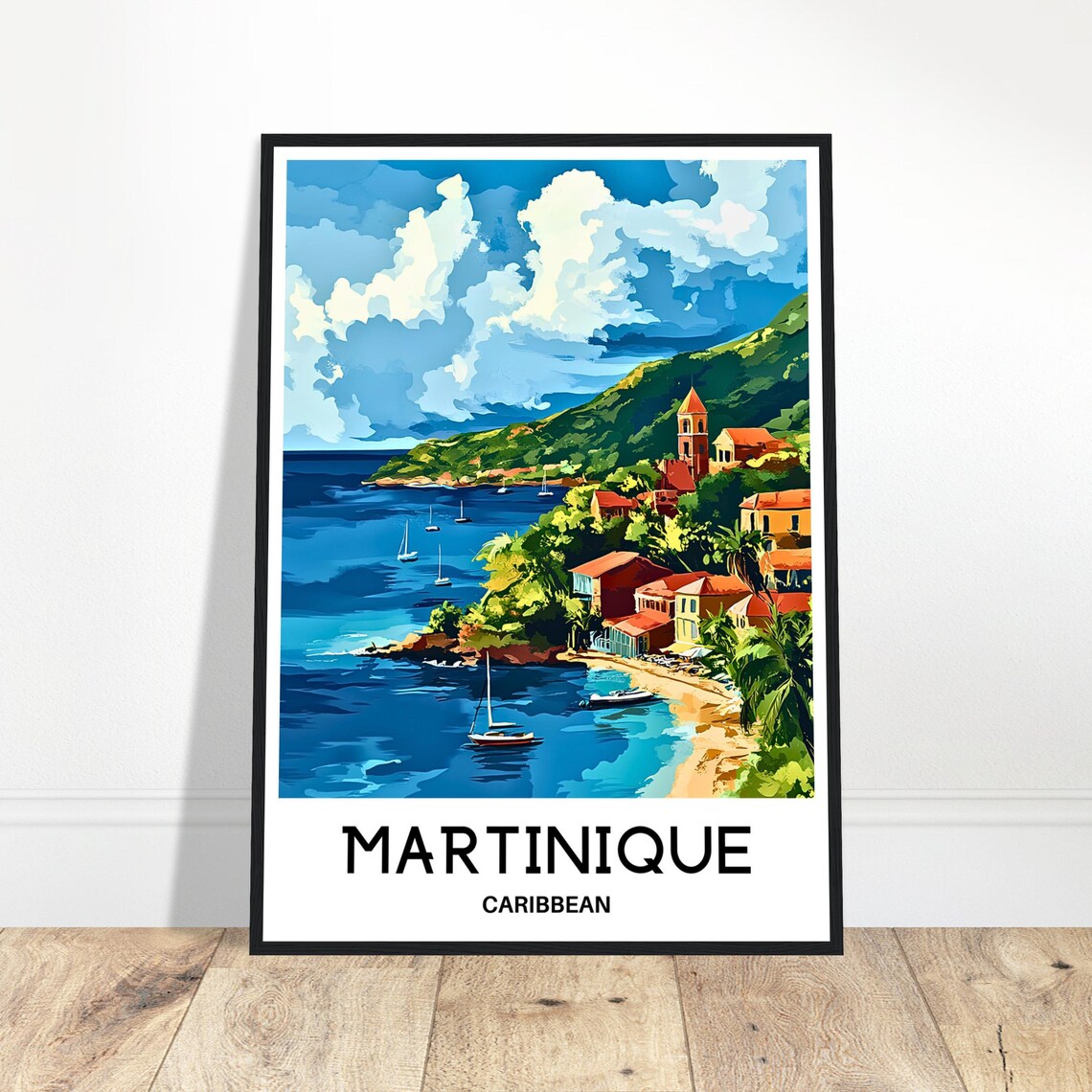 Martinique Caribbean Sailboats Hillside Village Travel Poster
