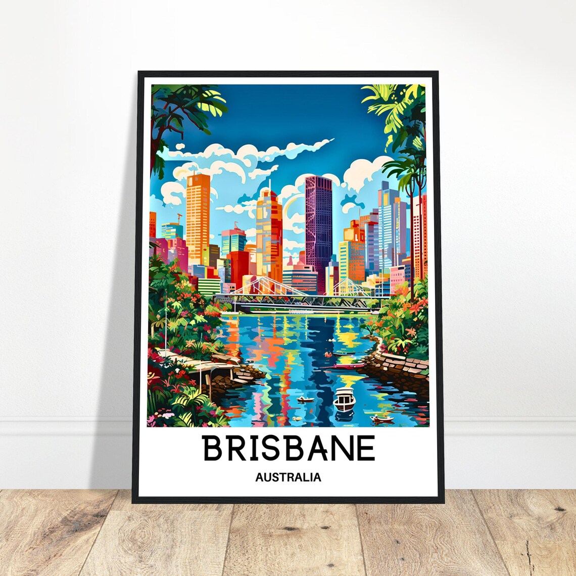 Brisbane City Skyline Reflecting Over the River in Pop Art Poster
