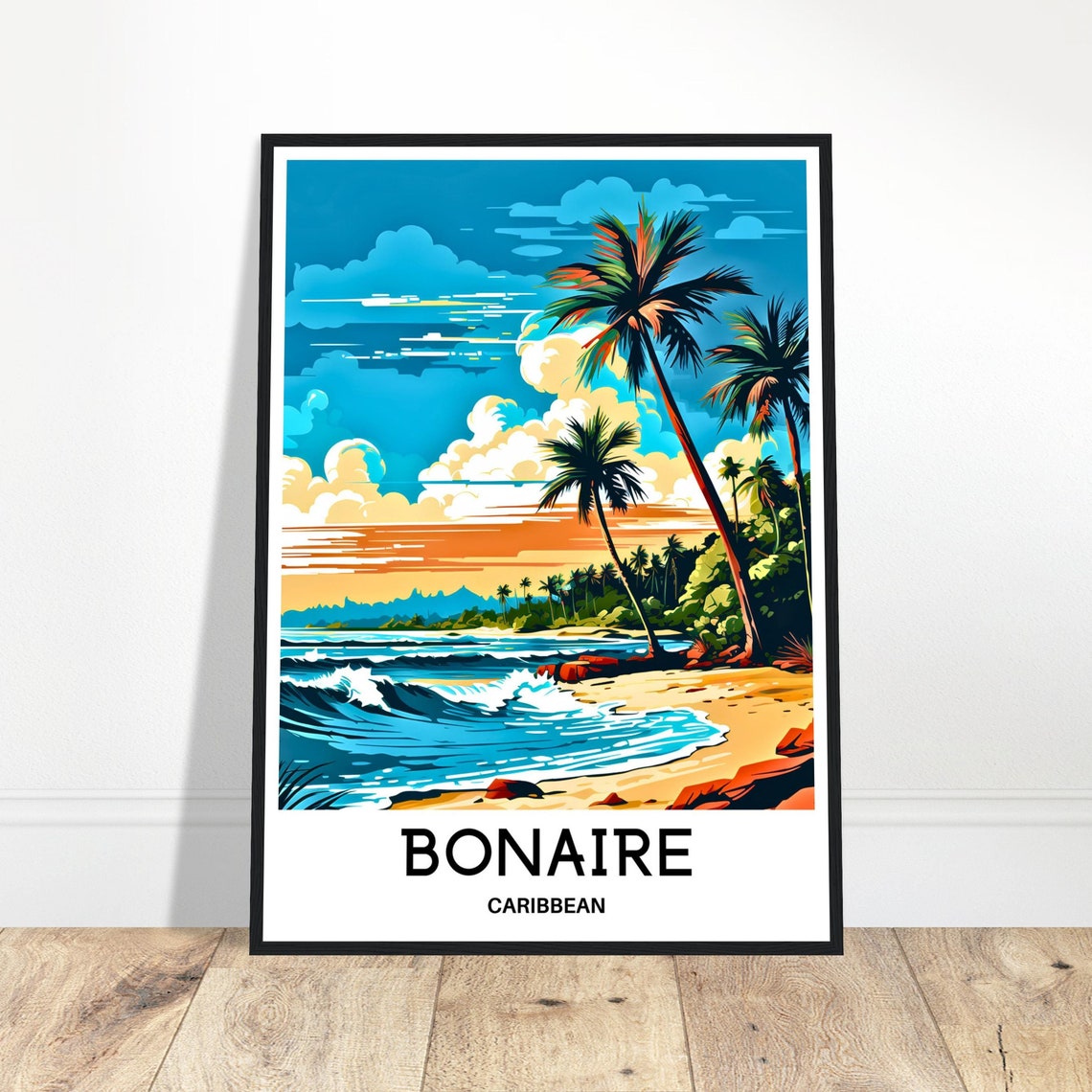 Caribbean Sunset Over Bonaire Palm Beach Ocean Surf Waves Poster