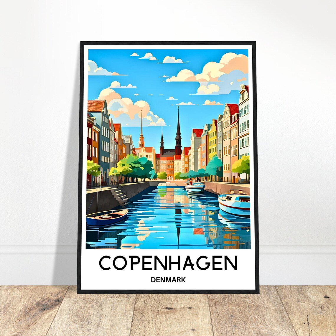 Copenhagen Denmark Nyhavn Harbor Vintage Travel Illustration Poster