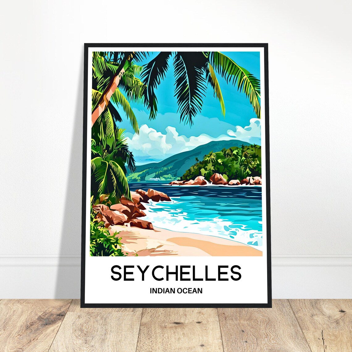 Seychelles Indian Ocean Palm Beach Tropical Vintage Travel Poster