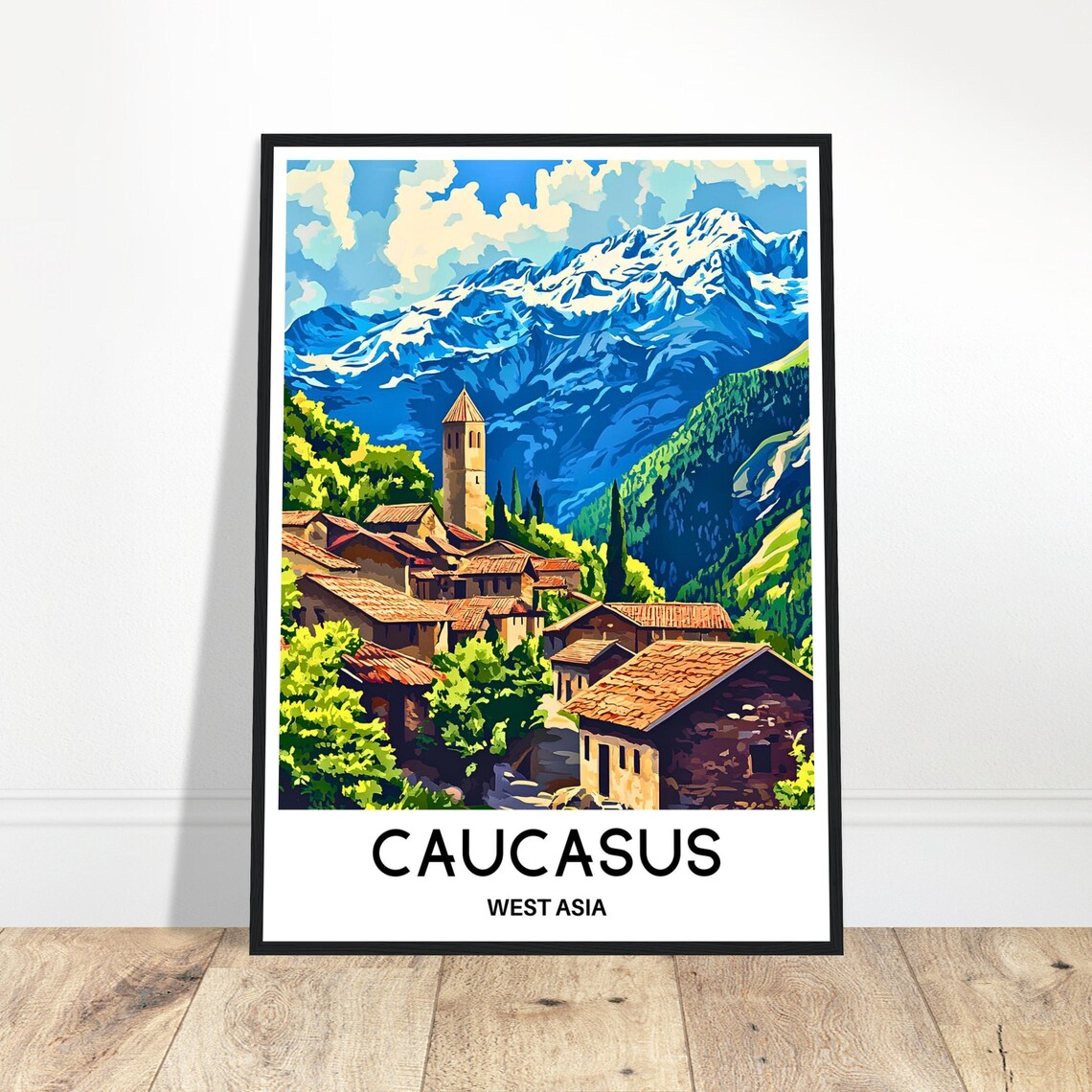 Caucasus West Asia Mountain Village Stone Houses Travel Poster
