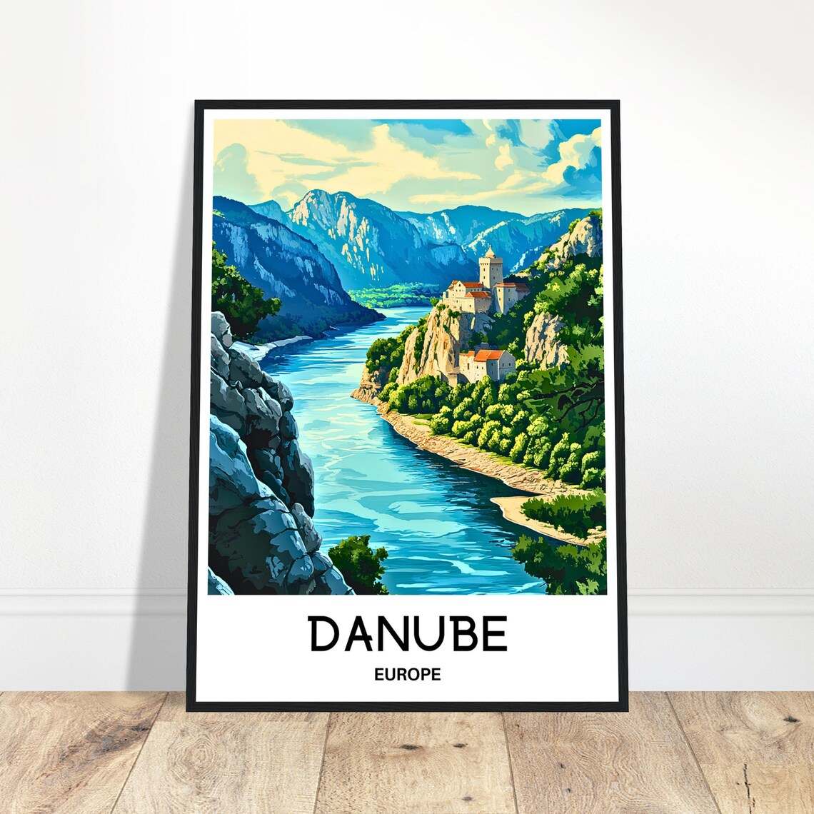 Danube River Gorge Castle Europe Scenic Travel Illustration Poster