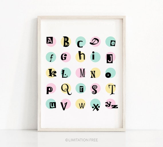 Alphabet Print Pastel Nursery Alphabet Art Kids Room Decor Abc Poster Instant Kids Prints Kids Art
