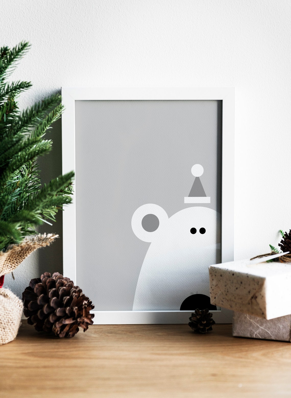 Minimalist White Polar Bear With Party Hat Gray Winter Nursery Print - Image 3