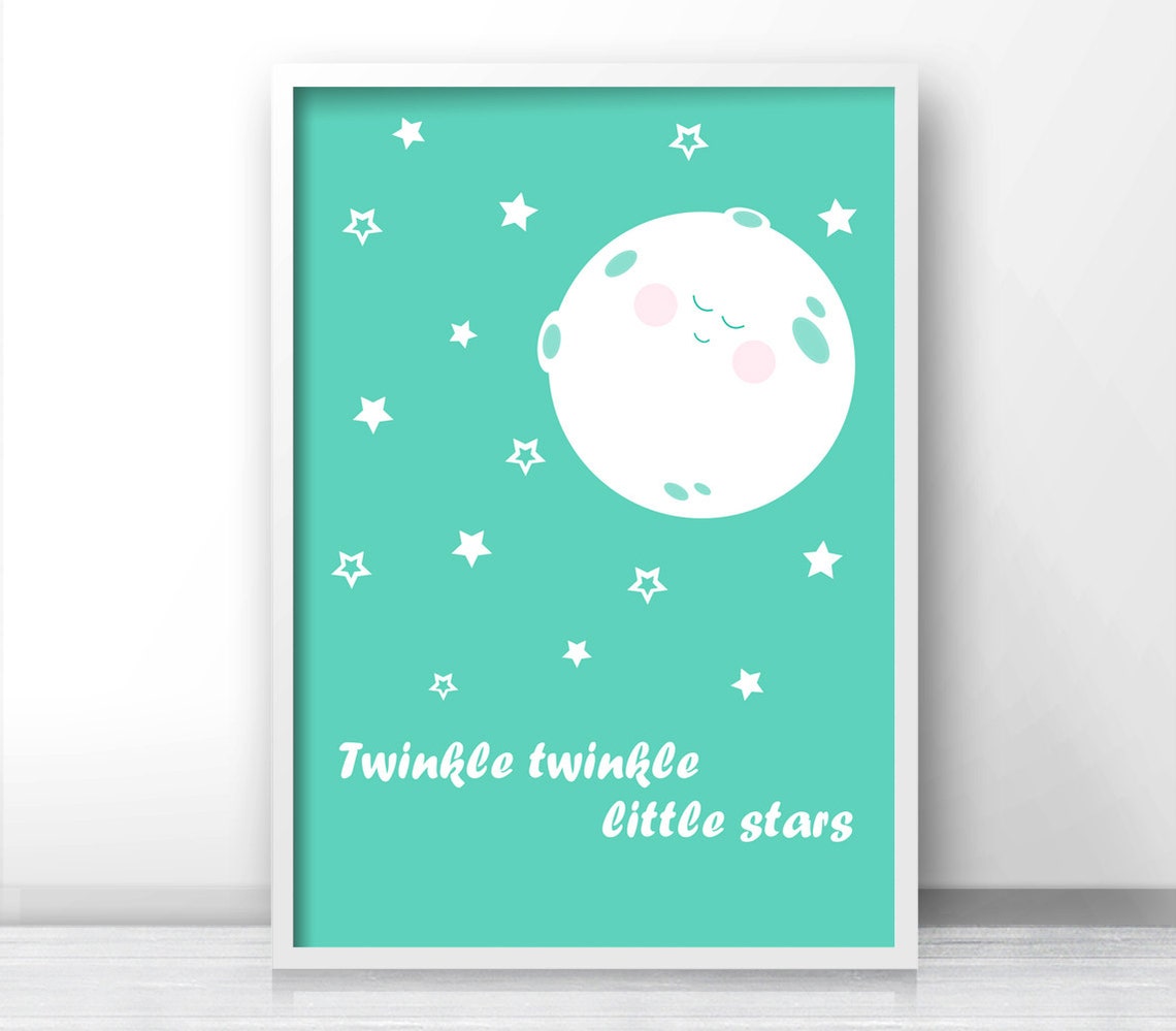 Twinkle Twinkle Little Stars Moon Mint Nursery Wall Poster Baby Decor - Image 4