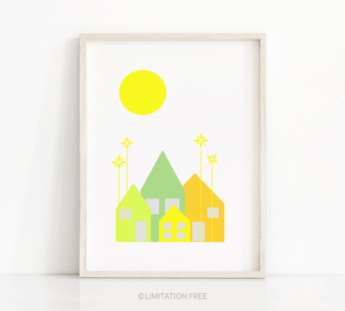 Sunny Day Colorful Houses Baby Nursery Wall Poster Kids Room Decor