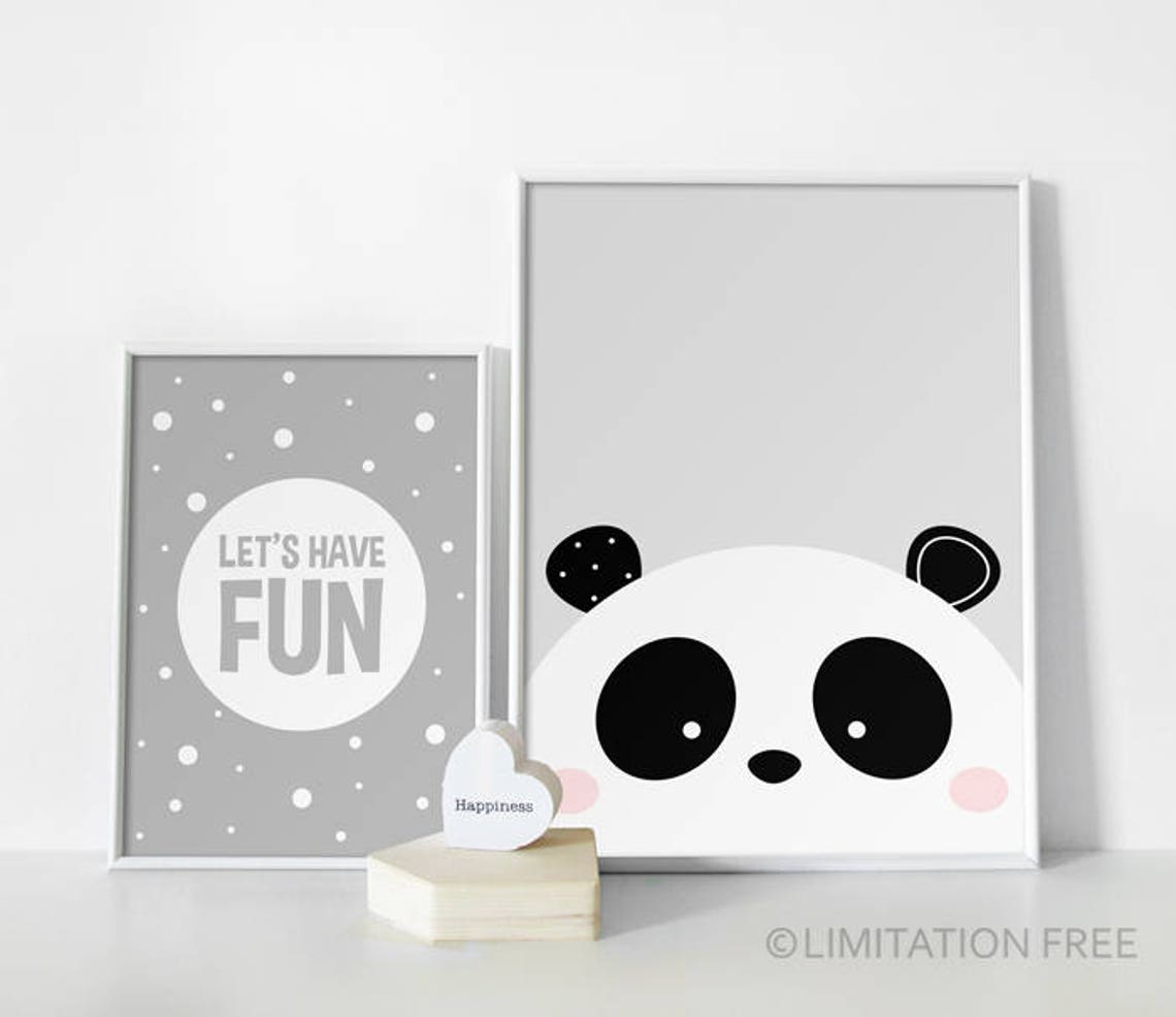 Panda Bear Lets Have Fun Nursery Wall Art Grey White Kids Print