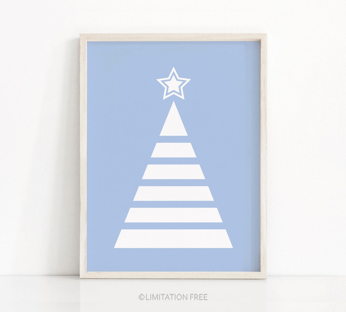 Blue Geometric Striped Christmas Tree With White Star Holiday Print