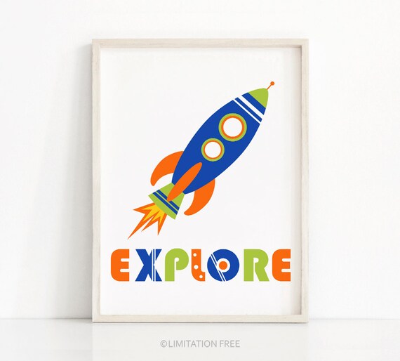 Colorful Rocket Explore Space Kids Nursery Wall Poster Boys Room Decor