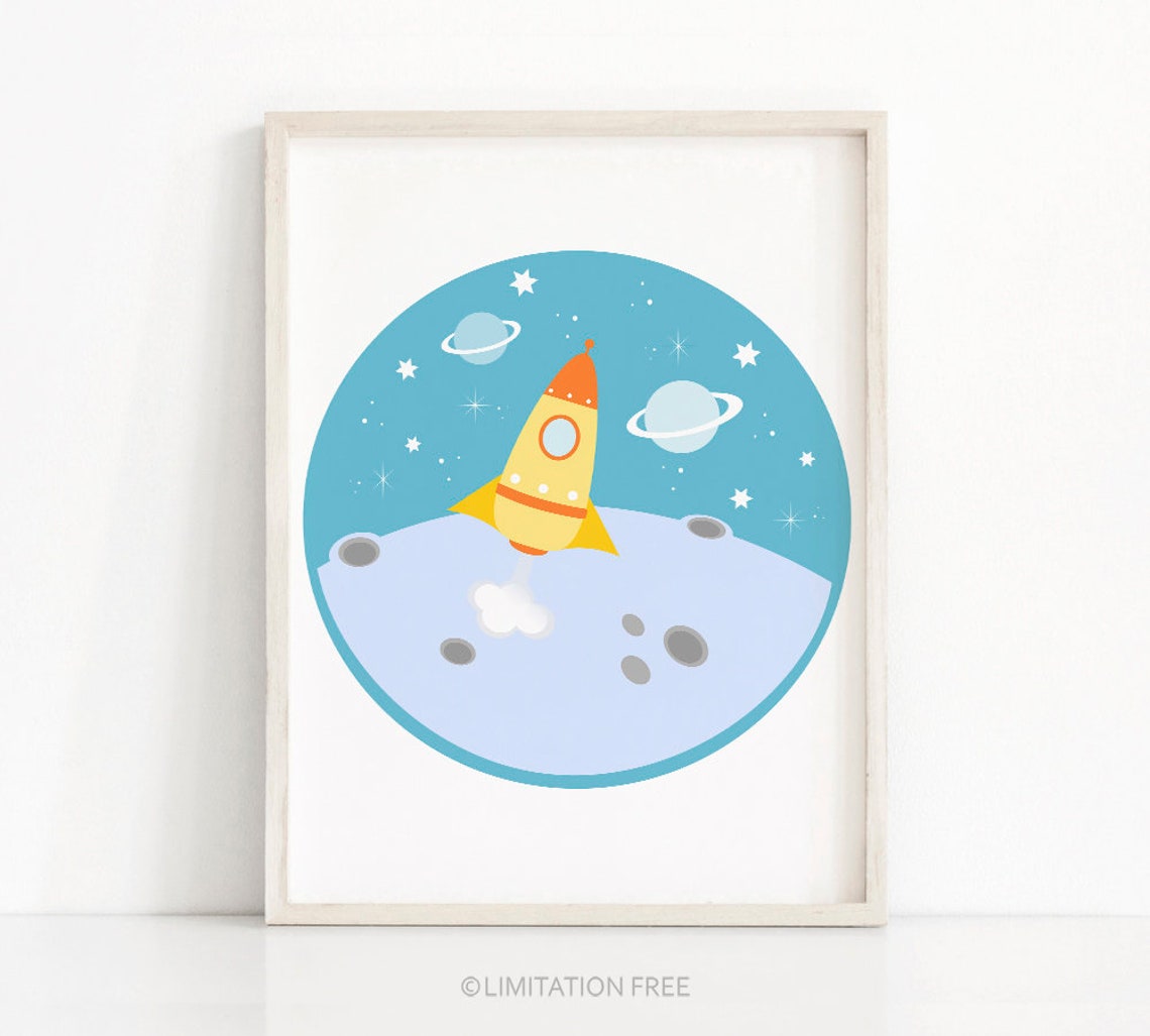 Rocket Launching From Moon Outer Space Kids Nursery Wall Poster Decor