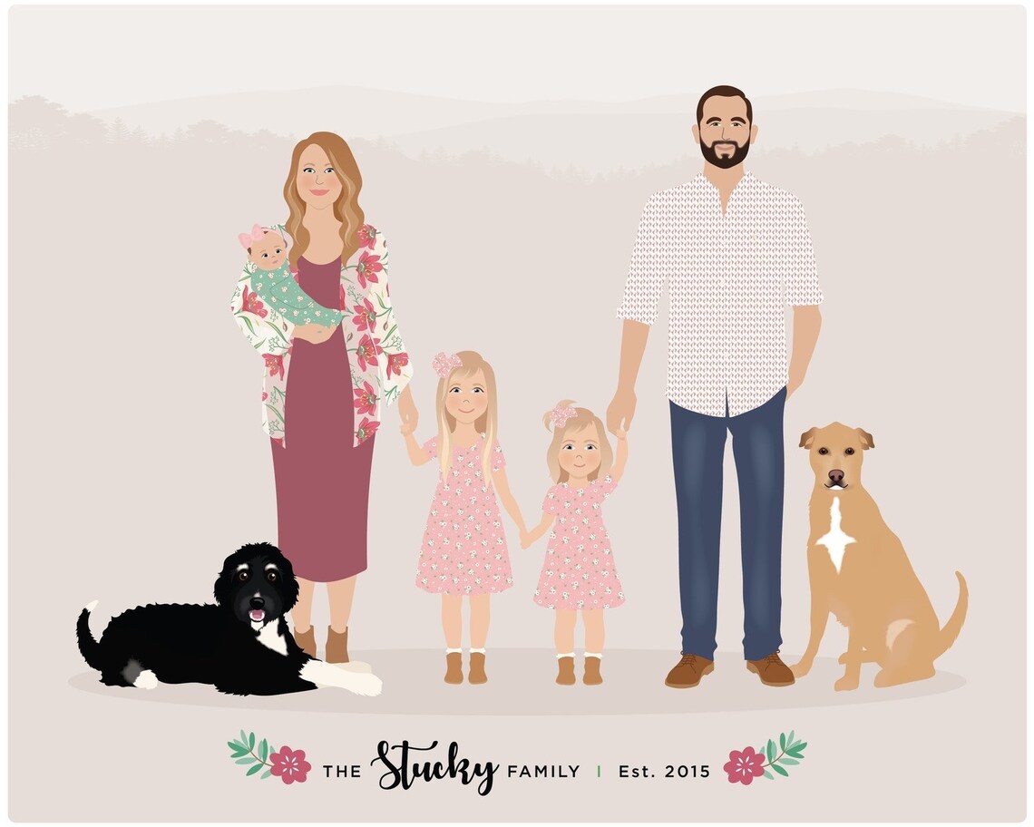 Custom Family of Four with Poodle Dog and Turtle Illustration Poster - Image 2