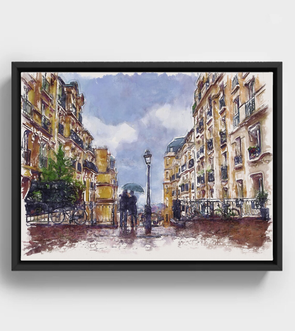 Romantic Couple Under Umbrella Paris Montmartre Rainy Poster