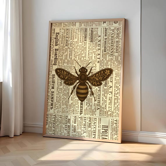 Vintage Bee Wall Art Print On Newspaper Steampunk Boho French Decor Charm Lover Gift Trendy