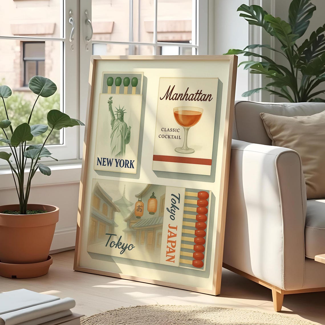 Retro Matchbox Art New York Tokyo Manhattan Cocktail Travel Poster