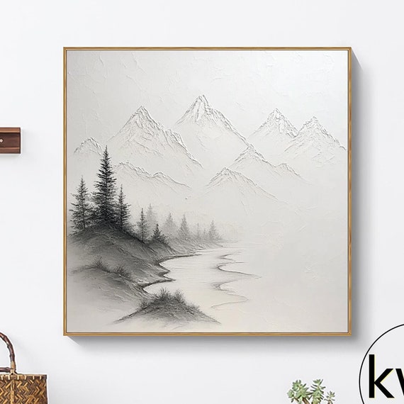 Large Minimalist 3d Snowy Mountain Painting Original Landscape Painting River Landscape Art Black And White Abstract Painting Home Decor