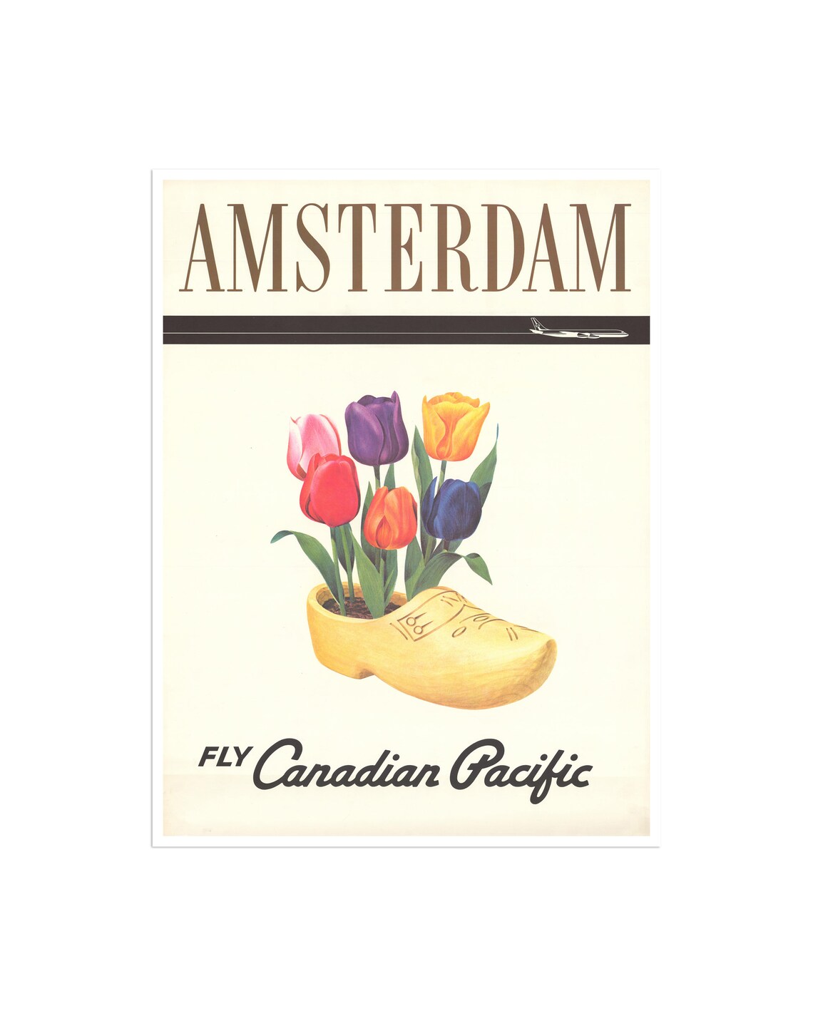 Amsterdam Fly Canadian Pacific Tulips Clog Vintage Travel Poster