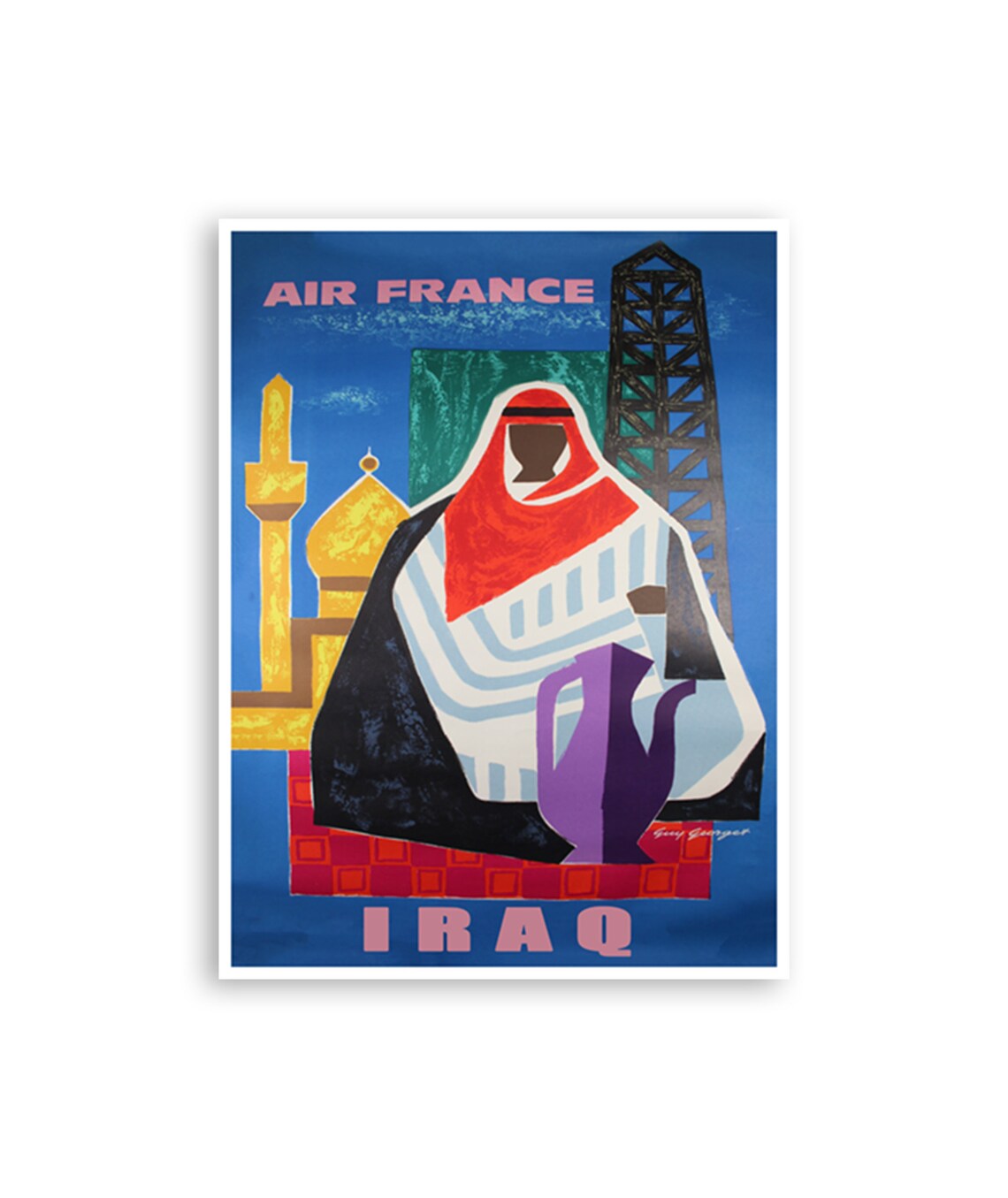 Air France Iraq Traditional Dress Mosque Derrick Vintage Poster