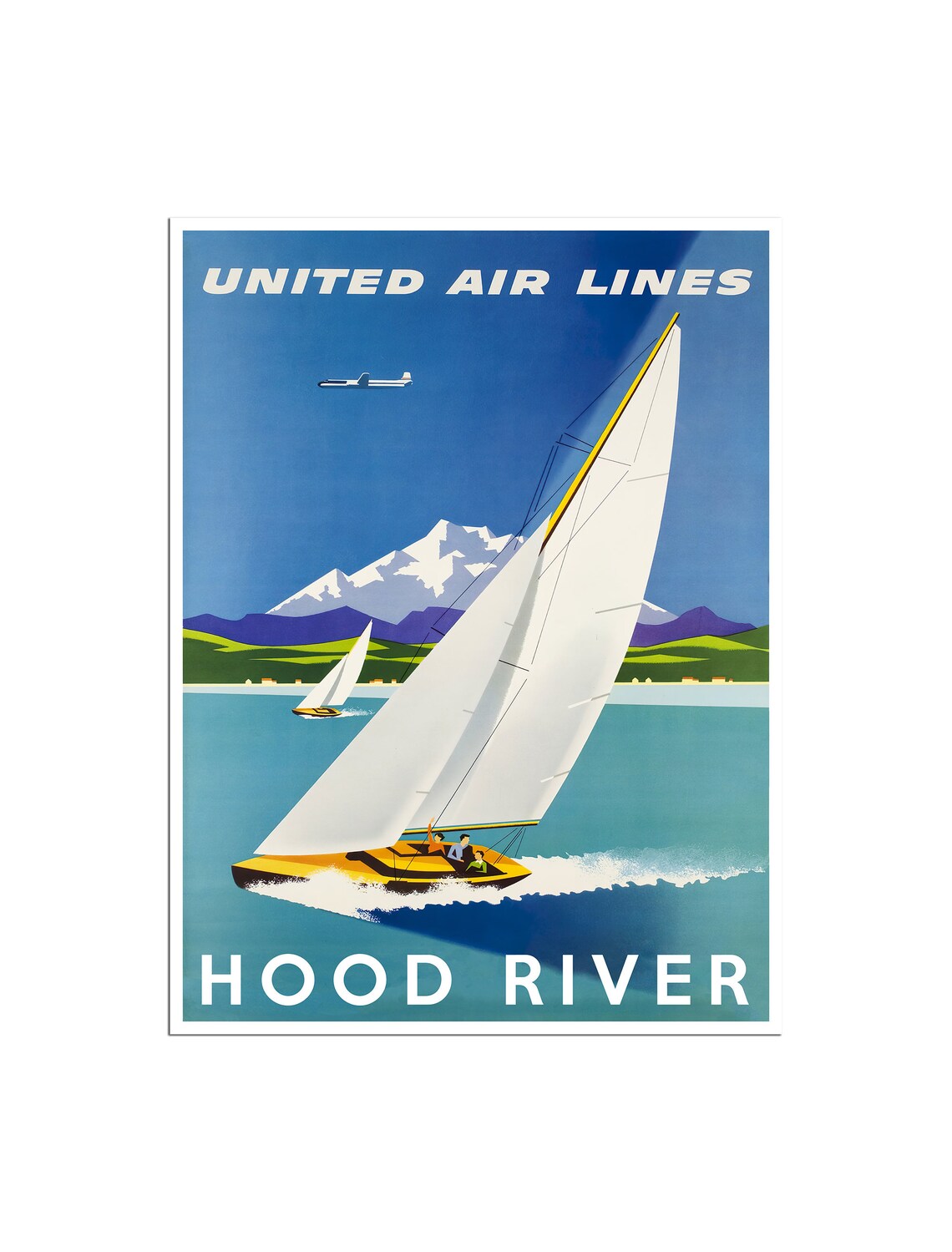 United Air Lines Hood River Sailboat Snow Peak Vintage Travel Poster