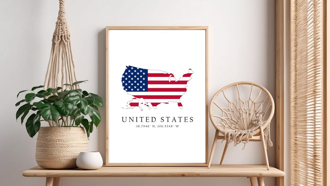 United States Map Poster in American Flag Colors with Coordinates