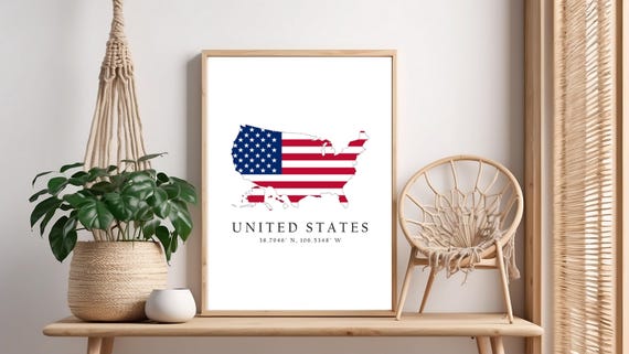 United States Map Print Flag Latitude Longitude Coordinates Poster Wall Art Home Dcor