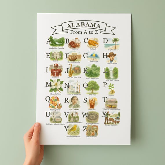 Alabama Alphabet Poster A To Z State Symbols And Icons Unique Travel Gift Wall Art Decor