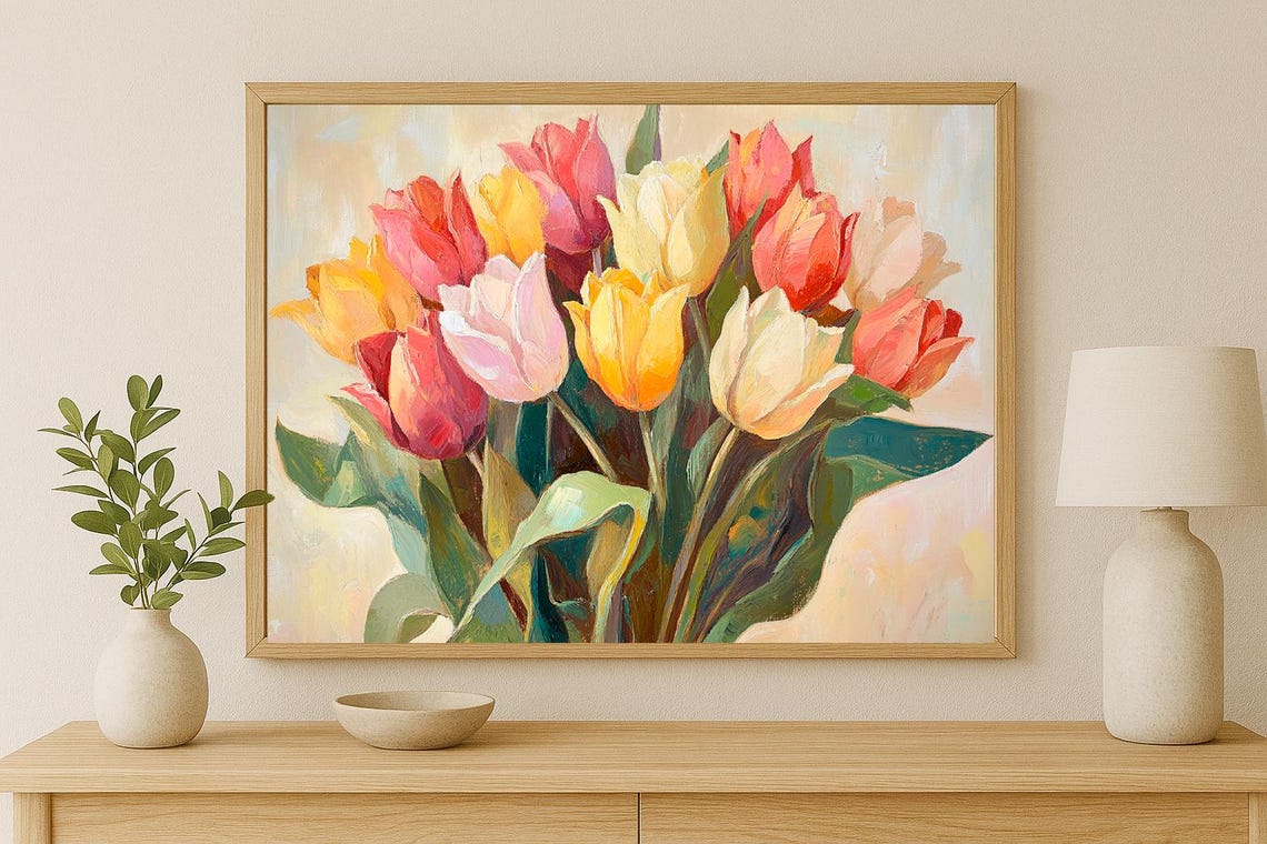 Colorful Tulip Bouquet Bright Impressionist Floral Oil Poster