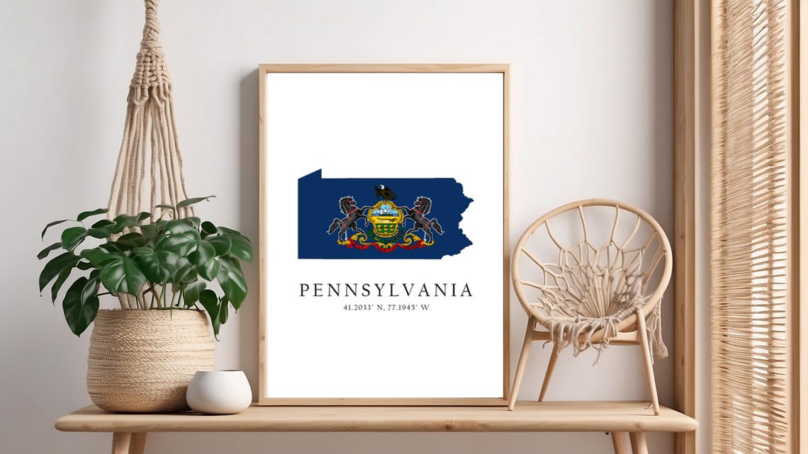 Pennsylvania Flag Map State Silhouette with Coordinates Poster