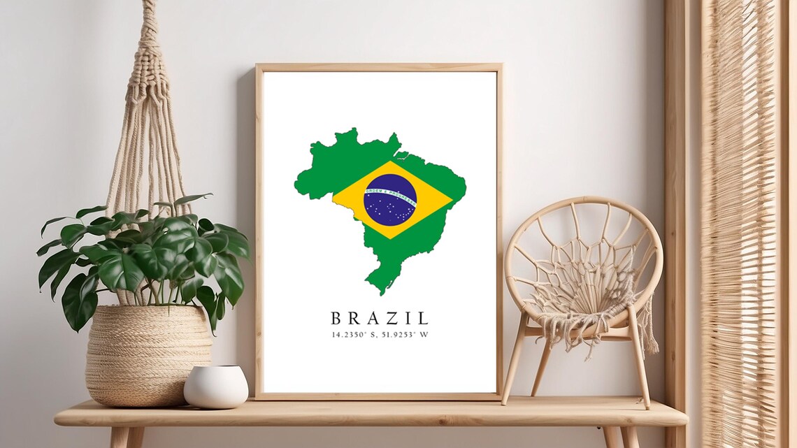 Brazil Map Print, Coordinates Travel Poster