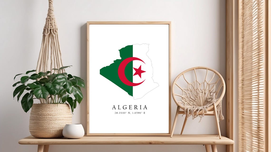 Algeria Map Print Flag Latitude Longitude Coordinates Poster Wall Art Home Dcor