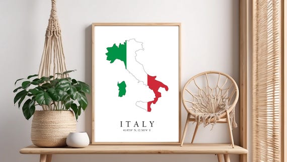 Italy Map Print Latitude Longitude Coordinates Flag Poster Wall Art Home Dcor