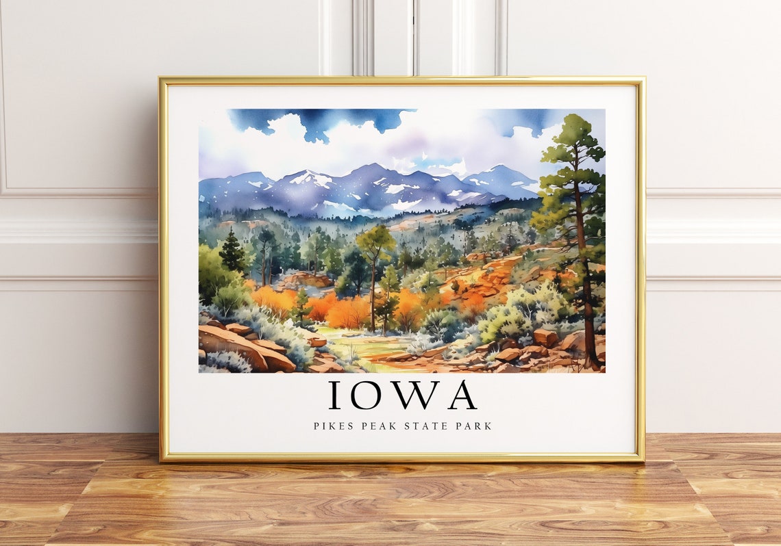 Iowa Pikes Peak State Park Watercolor Mountain Landscape Art Poster