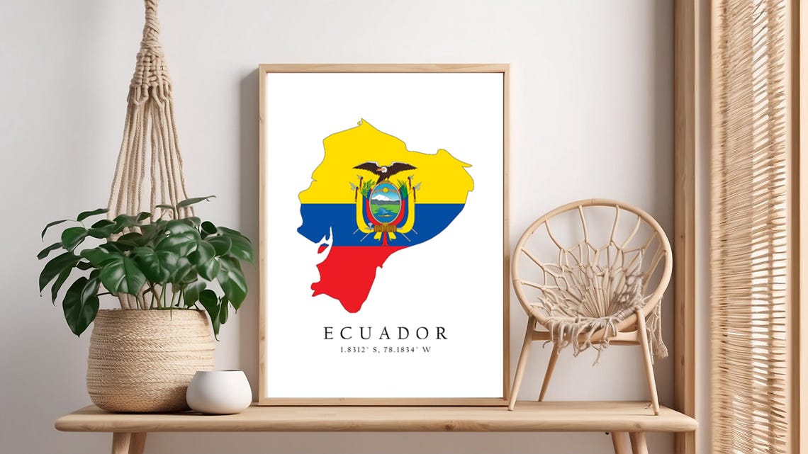 Ecuador Map Print Flag Latitude Longitude Coordinates Poster Wall Art Home Dcor
