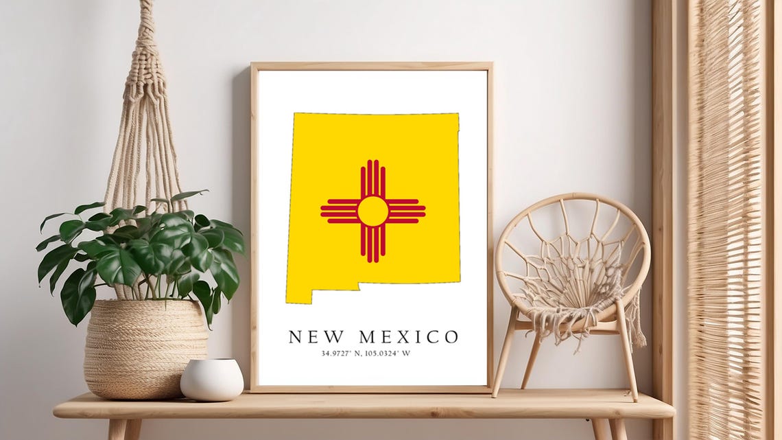 New Mexico Map Print Flag Latitude Longitude Coordinates Poster Wall Art Home Dcor