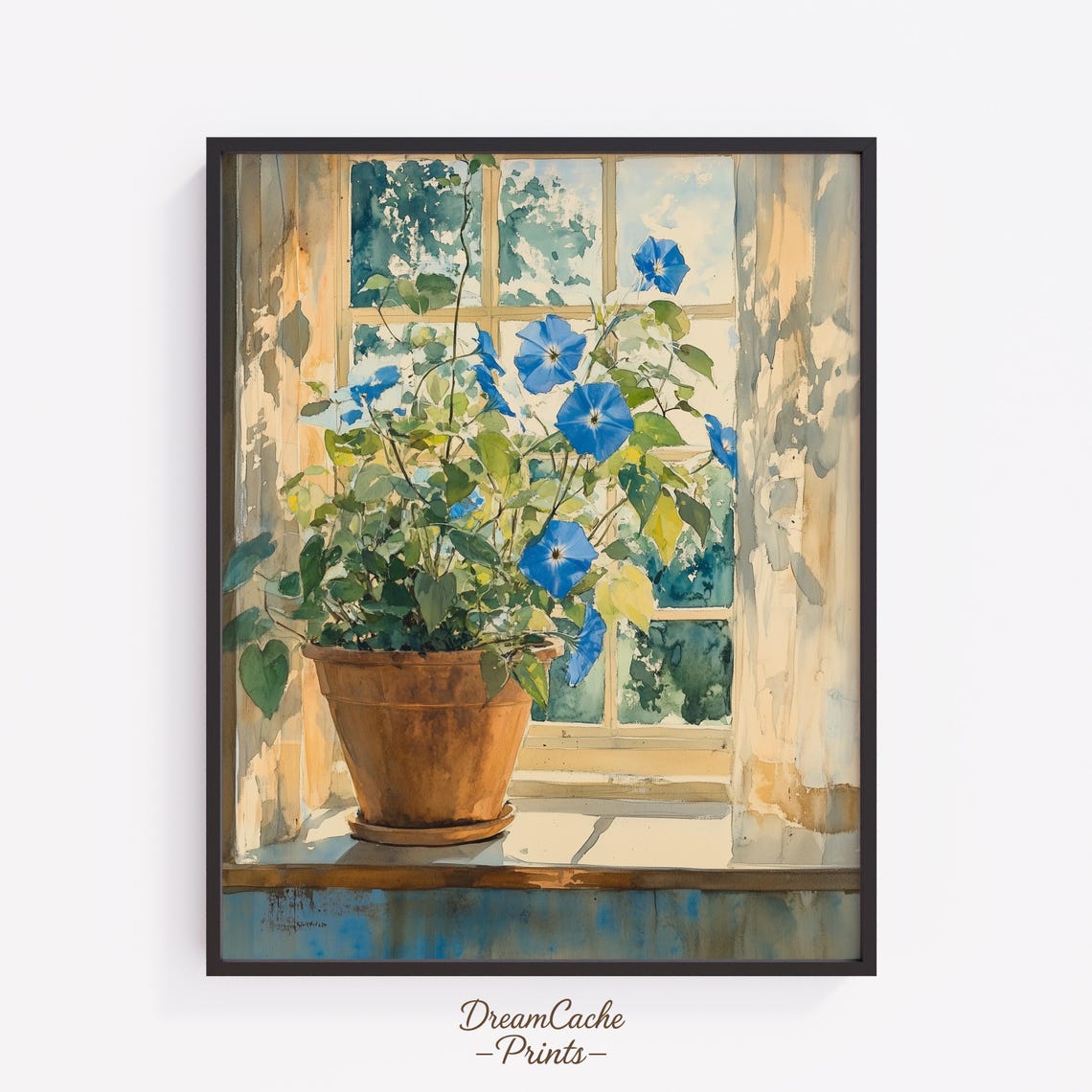 Blue Morning Glories in Terracotta Pot Sunny Window Art Poster