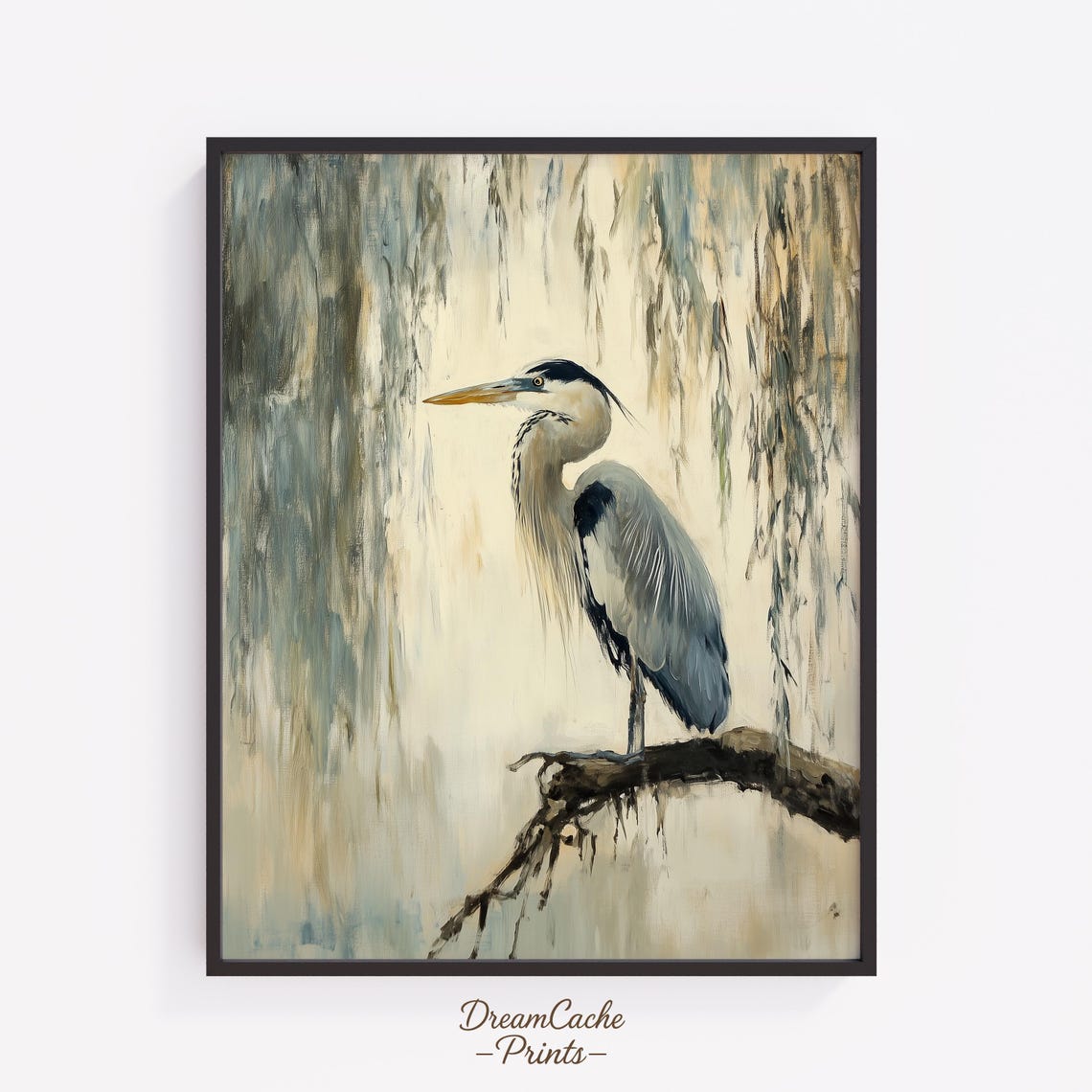 Blue Heron Perched Gracefully On Branch Beneath Hanging Willows Print