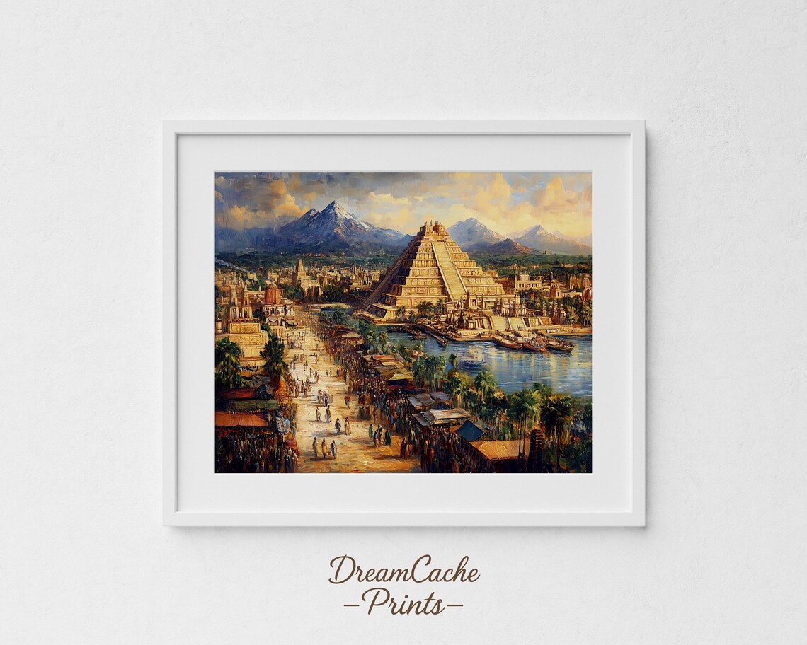 Ancient Tenochtitlan Pyramid Aztec City Vintage Oil Painting Poster