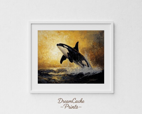 Orca Whale Coastal Wall Decor Sunset Breach Scene With Golden Light And Splashing Waves Wildlife Print Beachy Prints 56