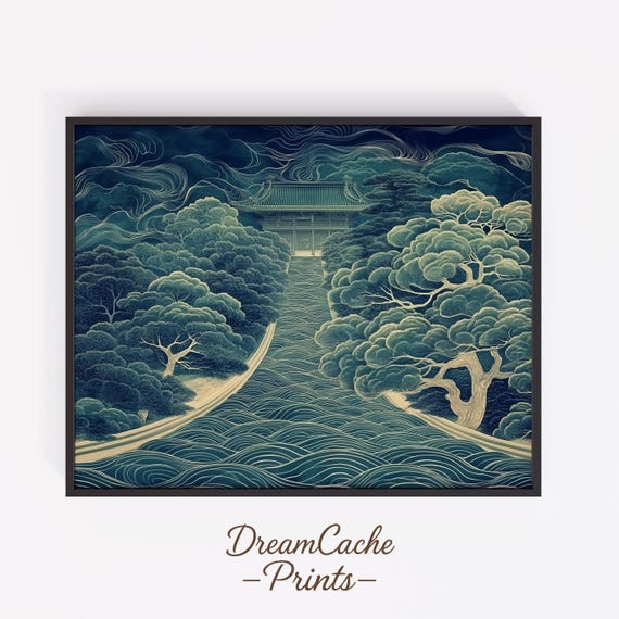 Indigo Japanese Temple Garden Night Waves Japandi Style Poster
