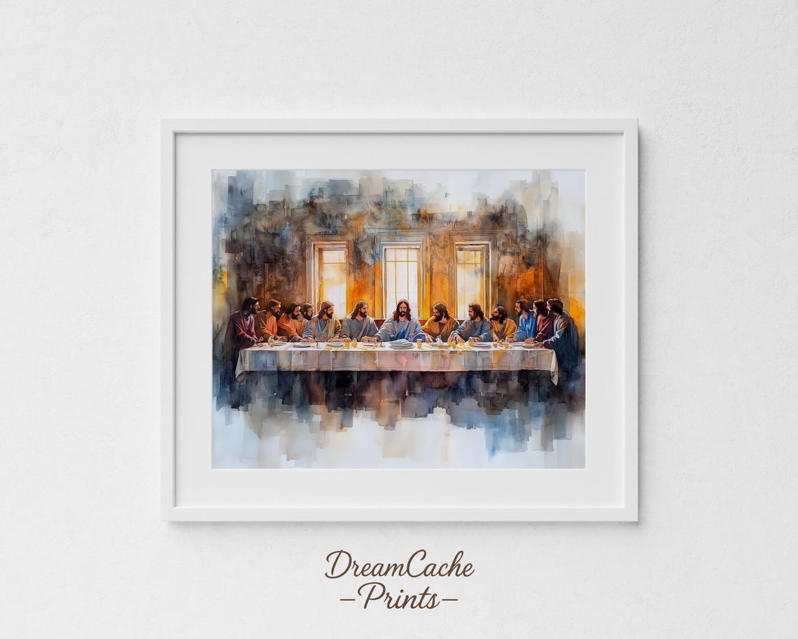 The Last Supper Watercolor Scene Reverent Christian Artwork Poster