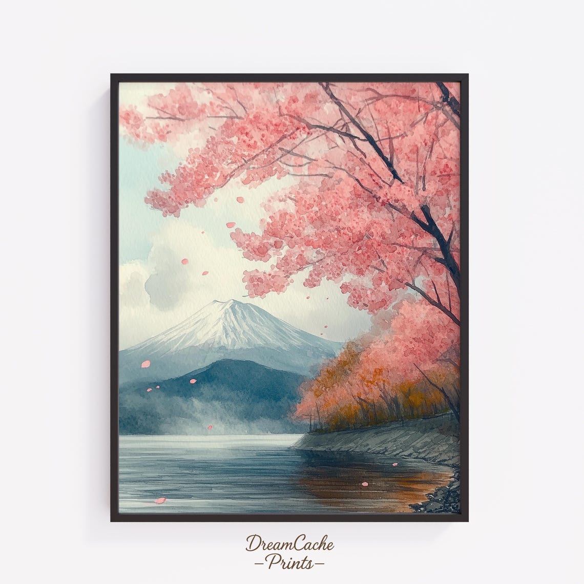 Mount Fuji Lake View With Pink Cherry Blossoms Watercolor Poster
