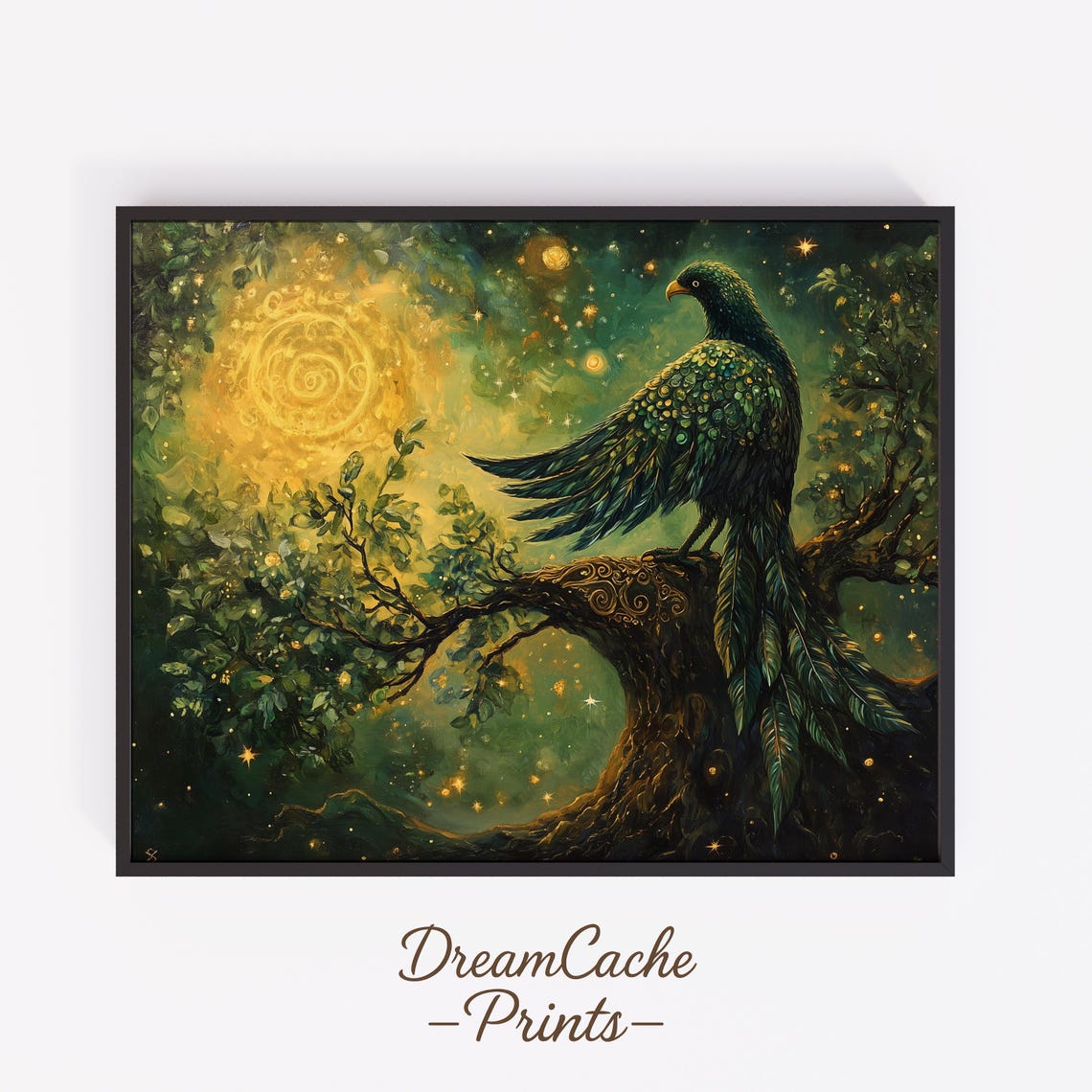 Celestial Bird On Cosmic Tree Golden Spiral Sun Mythology Art Poster