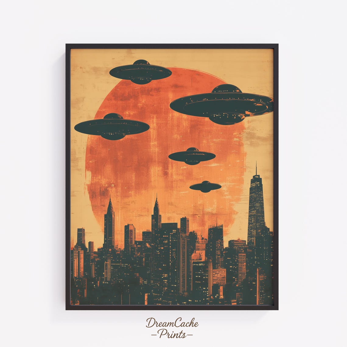 Vintage UFO Poster With Flying Saucers Over New York City Skyline