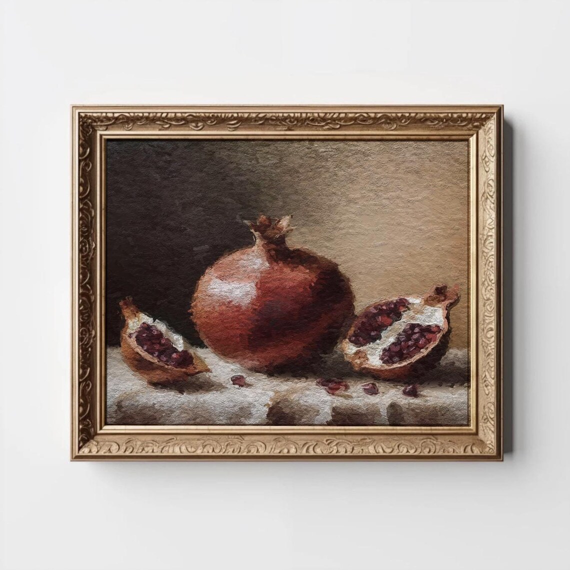 Moody Pomegranate Still Life Art Print, Rustic Fall Decor