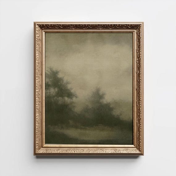 Green Trees Abstract Art Moody Neutral Print Landscape Watercolor Painting Modern Organic Decor Field Wall Vintage Beige