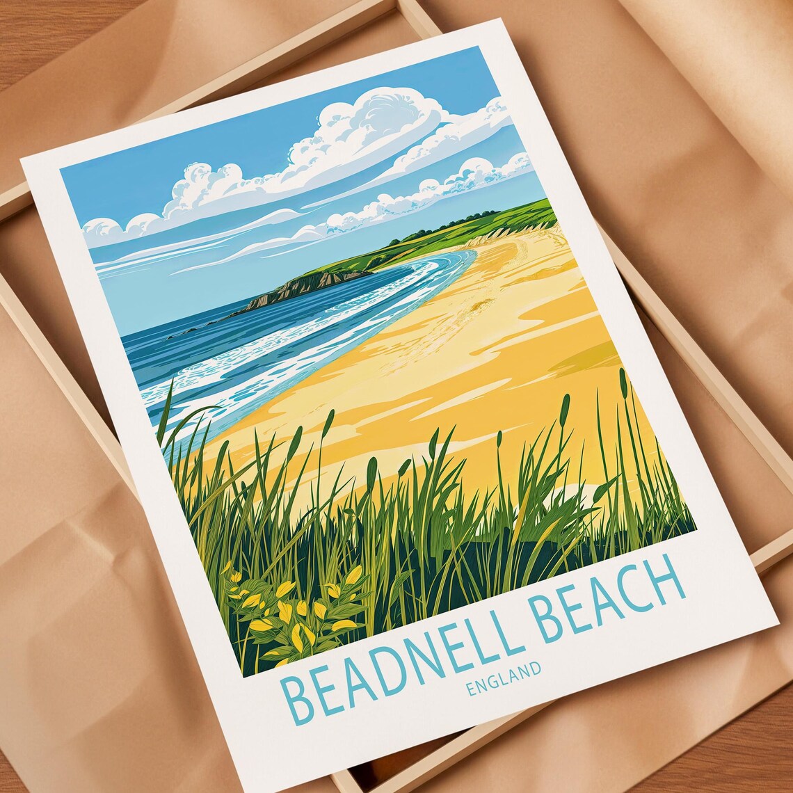 Beadnell Beach England Golden Sand Dunes Coastal Retro Travel Poster