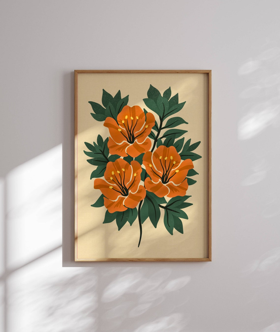 Orange Hibiscus Blossom Poster Cream Background Tropical Botanical Art
